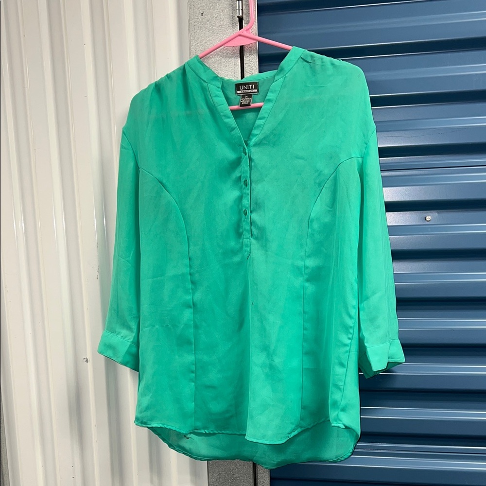 Uniti Casual Teal Green V-Neck Button Henley Blouse
